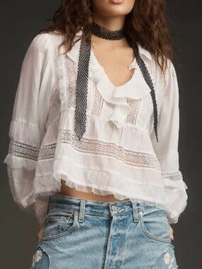 Anthropologie Ruffled V-Neck Popover Blouse - Size XXS Petite